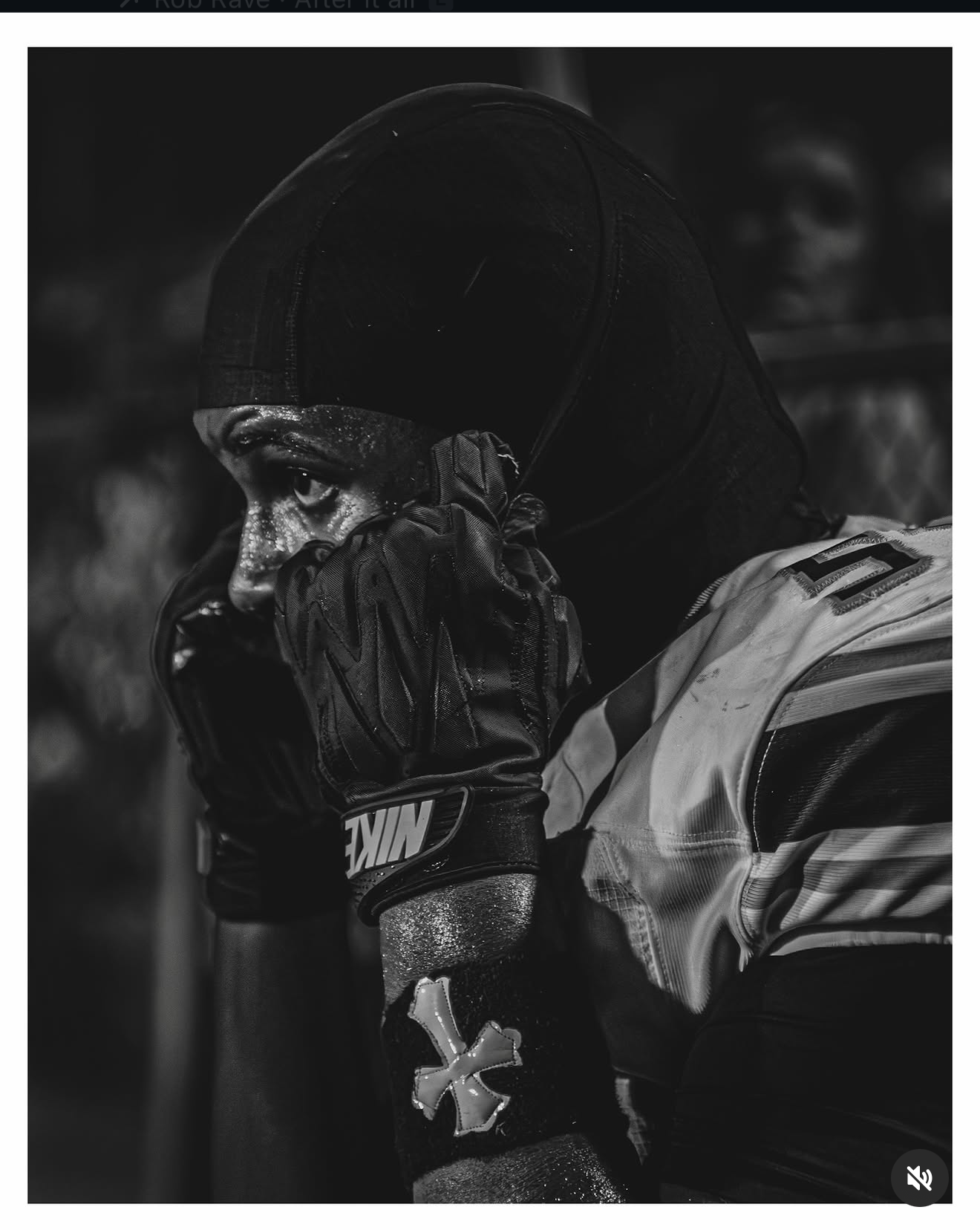 Black and white portrait of Kayden Hamilton focused before football action